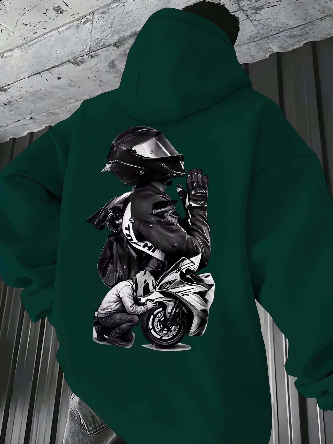 Herren Biker-Print Hoodie Hip-Hop Sport Streetwear Motorradfahrer Lässiger Lockerer Pullover Sweatshirt Oberteil – Detail 3