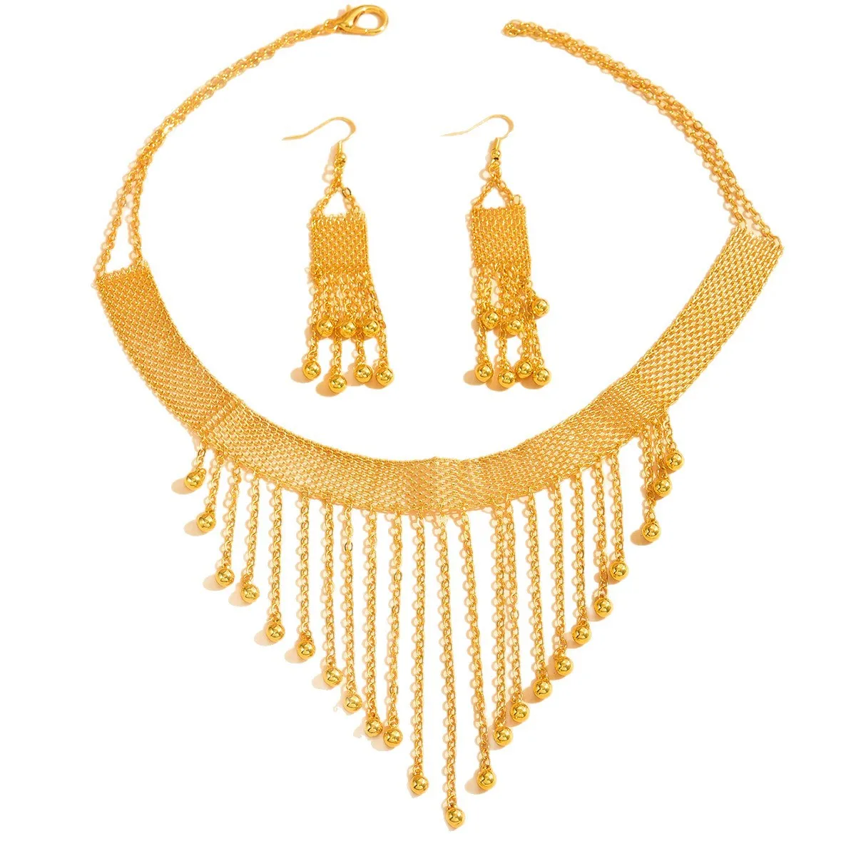 New personalized exaggerated full of diamonds long tassel necklace earrings two-piece fashion trend banquet party jewelry set