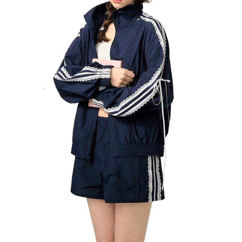 

Spring Autumn New Contrasting Lace Edge Sports Suit Women's Lace-up Jacket Casual Shorts Two-piece Set Casual Tide Short Sets