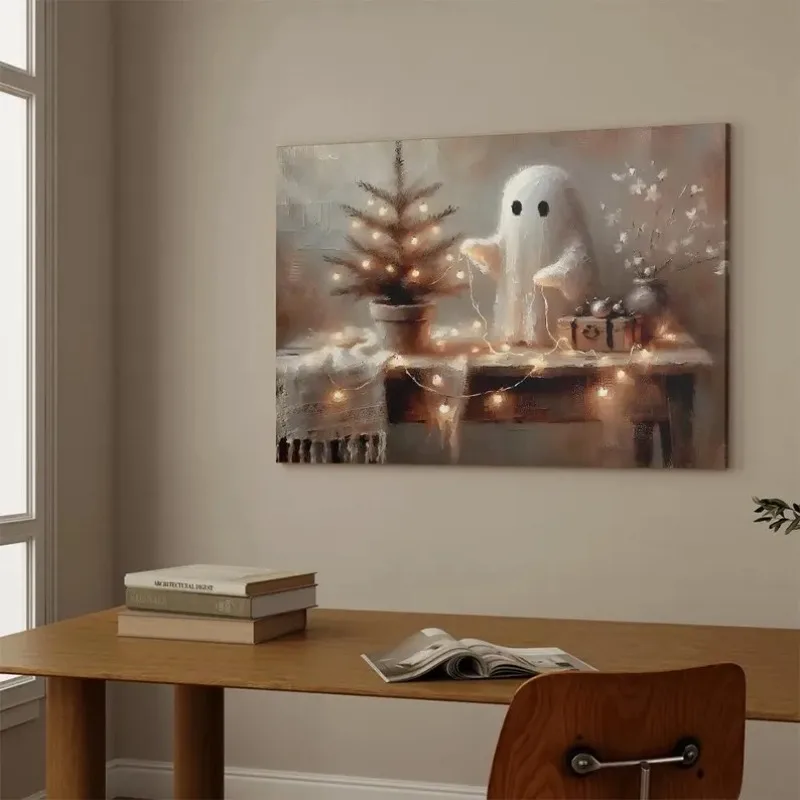 Ghost Christmas Wall Art, Spooky Holiday Decor Print, Cozy Ghost Canvas, Cute Winter Ghost Painting, Christmas Spirit Poster