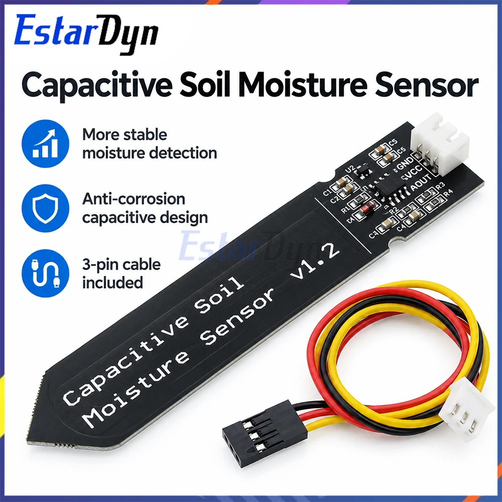 Estardyn Corrosion Resistant Capacitive Soil Moisture Sensor Module V1.2 Analog 3.3-5V Wired Auto Irrigation