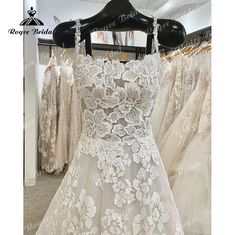 Romantische Spaghettibandjes Vestido Trouwjurk Aangepaste Kant Bloemen Vierkante Kraag Backless Bruidsjurk robe de mariée 2025