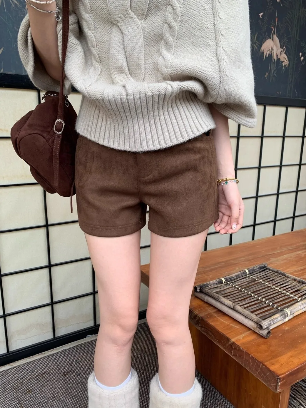 High Waist Suede Shorts Women's A-Line Flattering High Waist Brown Casual Pants Retro Style Straight Leg Bootcut Pants