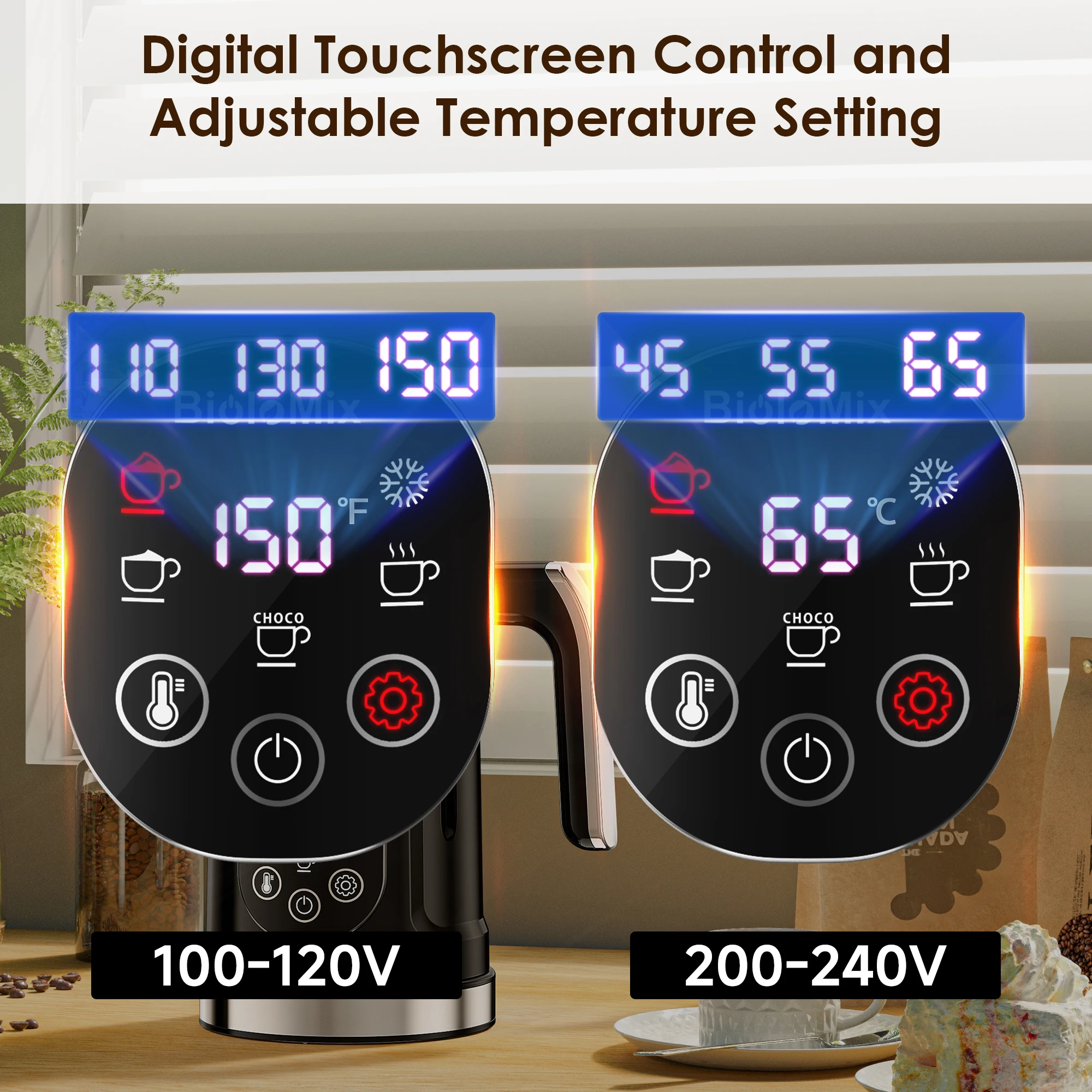BioloMix ترقية 5 في 1 LED شاشة تعمل باللمس الحليب Frother لللاتيه والقهوة، صانع الرغوة الساخنة والباردة