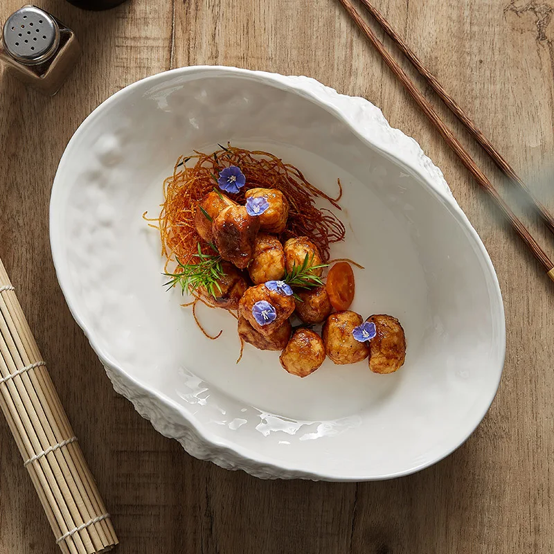 Hotel Household Tea Table Decor Tray New Steamed Fish Soup Plate Rock Pattern Shells High End Ceramic Tableware