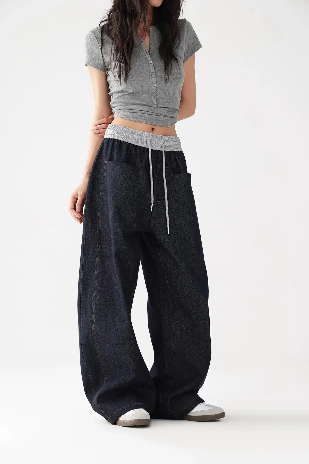 مرونة الخصر المرأة الجينز Harajuku خمر BF نمط الشارع الشهير كل مباراة فضفاضة موضة فام واسعة الساق سراويل جينز