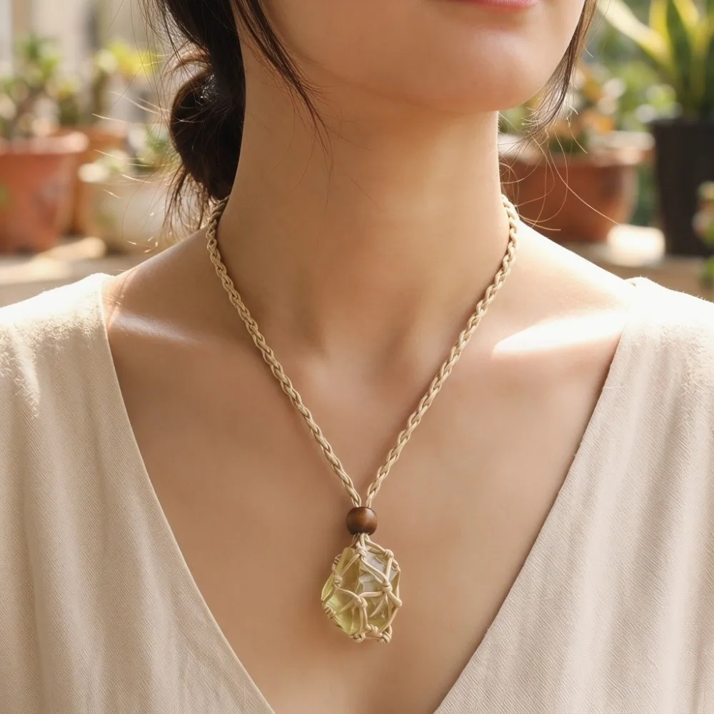 Handmade Healing Crystals Necklace Unique Versatile Natural Stone Pendant Necklace Stackable Elegant Rope Wrap Necklace