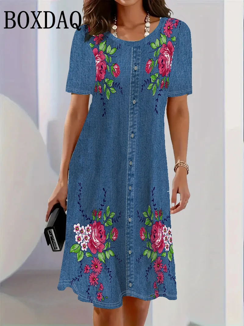 2025 패션 트렌드 3D 이미테이션 데님 패턴 여성 드레스 여름 스트릿 반팔 O넥 루즈 캐주얼 플라워 프린트 드레스