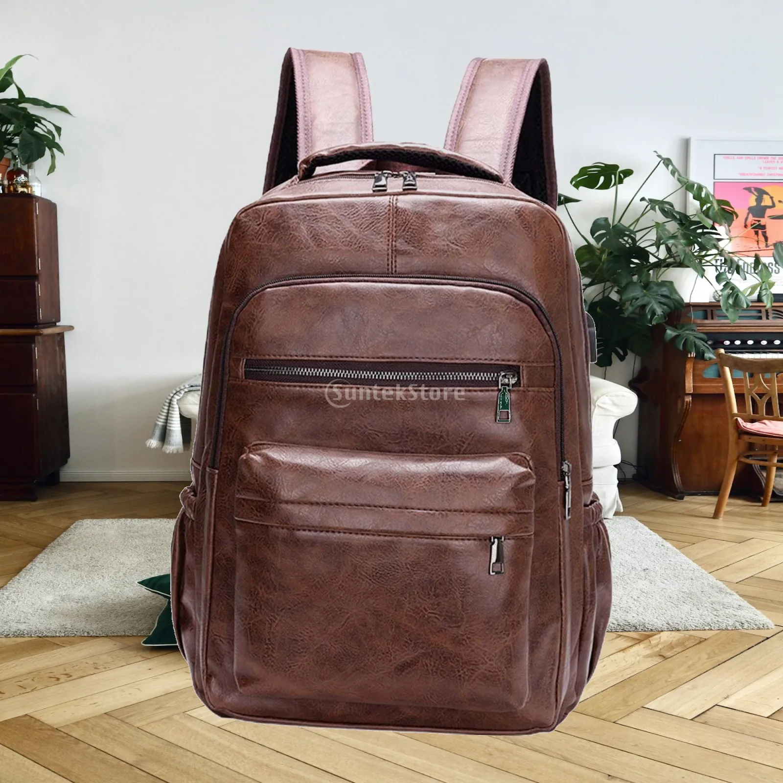 PU Leather Laptop Backpack Men Bag Handbag Water Resistant with Charging Port Computer Backpack for Office Travel Hiking Street