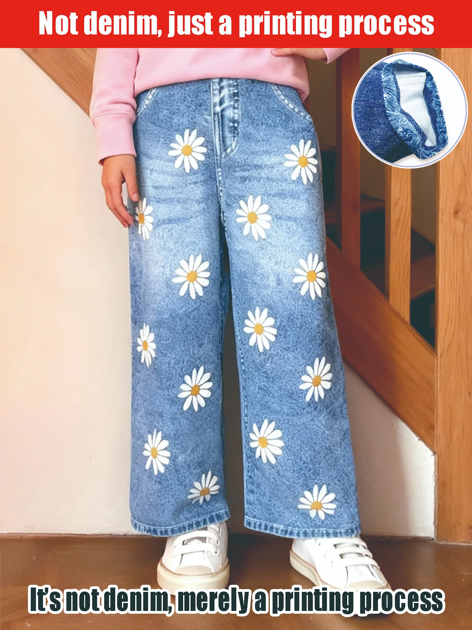 Girls' High-Waisted Floral Imitation Jeans Casual Fashion Loose Straight-Leg Pants 2026
