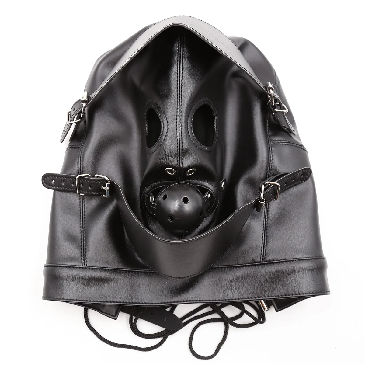 BDSM Sex Black Pu Leather Head Bondage Hood Mask Open Eye Mouth with Erotic Couple Flirting Toys Adjustable Mask Cosplay Harness