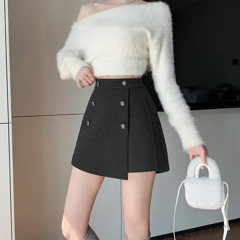 Hög midja ullkjol Höst vinter Dammode Asymmetrisk kort kjol Dubbelknäppt halvkroppskjol 10 best sales Maxi Mall - №8