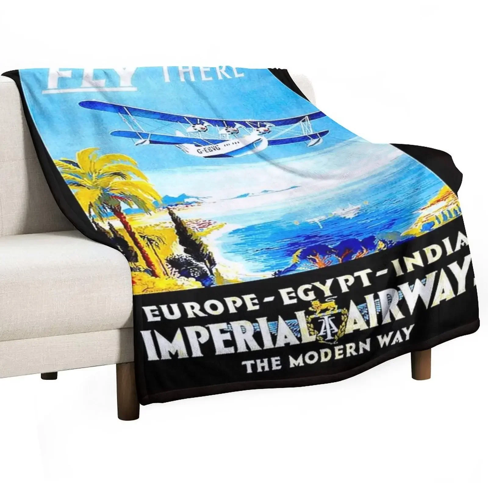 IMPERIAL AIRWAYS : Vintage Fly to Europe Egypt and India Advertising Print Throw Blanket Baby Single Bed linens Blankets