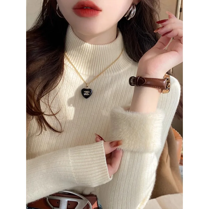 Women Winter Fleece Lined Sweater Thickened Base Layer Half Turtleneck Knit Top 2024 New Autumn Winter High End Knitted Pullover