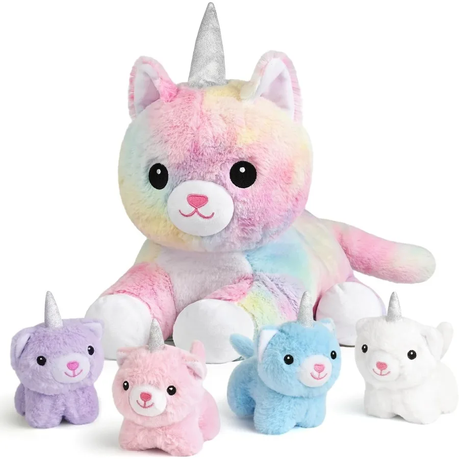 

Plush Mommy Stuffed Animal with 4 Babies in Her Tummy Soft Plush Toys Set for Ages 0-8+ Unicorn Cat Theme Christmas Birthday Gi