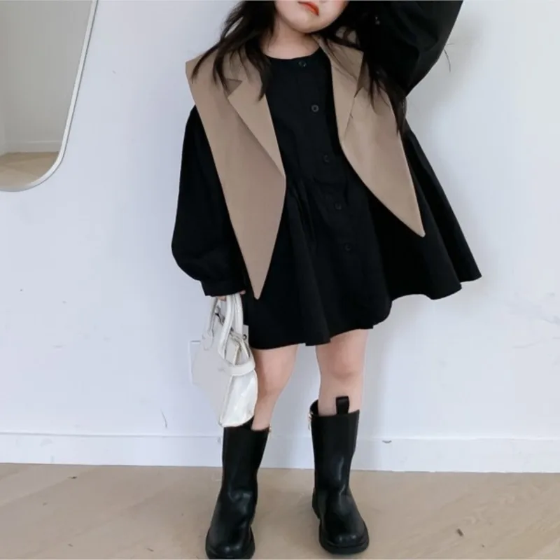 Fashion Baby Girl Cotton Shirt Dress+Vest Shawl 2PCS Toddler Child Long Blouses Dovetail Suit Spring Autumn Baby Clothes 2-7Y