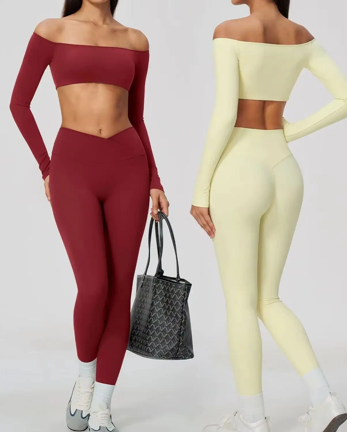 Women 2Pcs Yoga Set Off Shoulder Long Sleeve Crop Top Cross V Waist Scrunch Butt Leggings Gym Fitness Pilates Nude Feel Activewe