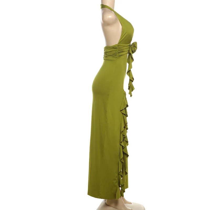 Vestido de fiesta plisado con flores en 3D para mujer, vestido de fiesta sin espalda, cinta Halter, abertura alta, verde gergeo, vestido de noche sin mangas