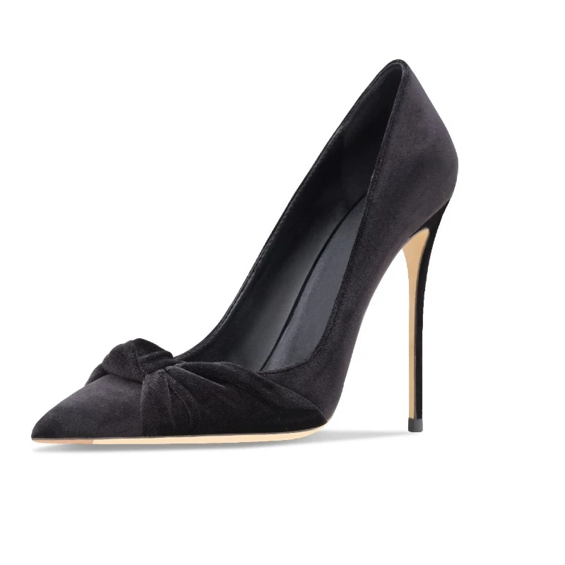 TOMONYE 2026 Sexy Black Suede Pumps, Pointed Toe Stiletto Bowknot, Office Professional French Shoes, #TY-2026-BSB