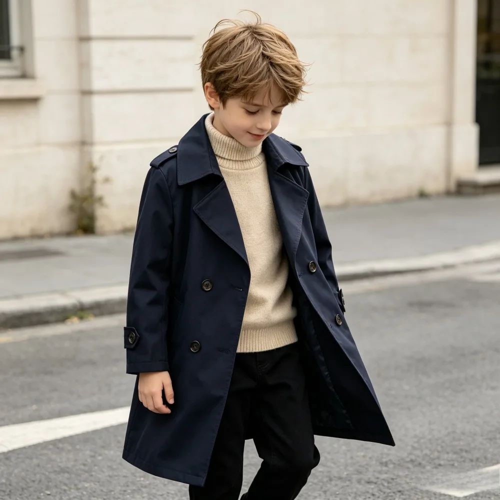 Teen Kids Trench Coat British Style Long Overcoat for Boys Trendy Autumn Winter Jacket Versatile Children Outerwear 10 12 Years