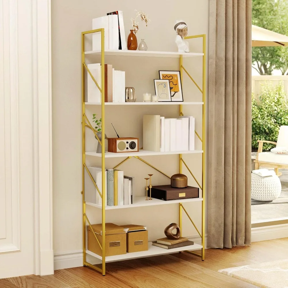 

5 Tiers Gold Bookshelf, Modern Wide Bookcase, Large Book Rack, Storage Rack Shelves in Bedroom/Living Room/Home/Office, Books H
