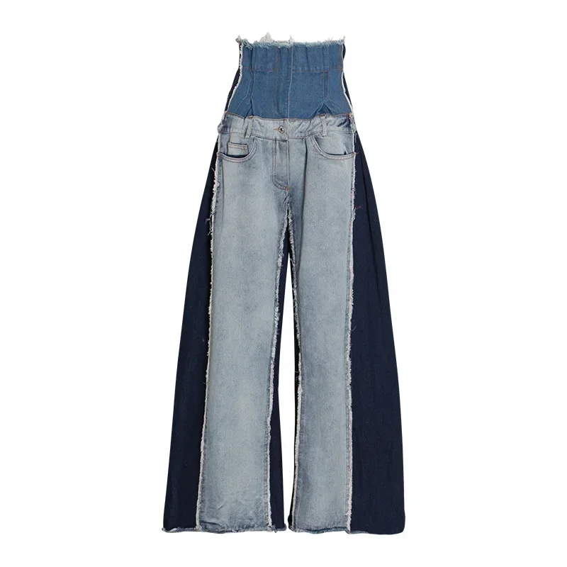 Color Blocking Jeans Spring New Fashionable High Waisted and Loose Fitting Versatile Slimming Floor Mop Pants for Women's Trend