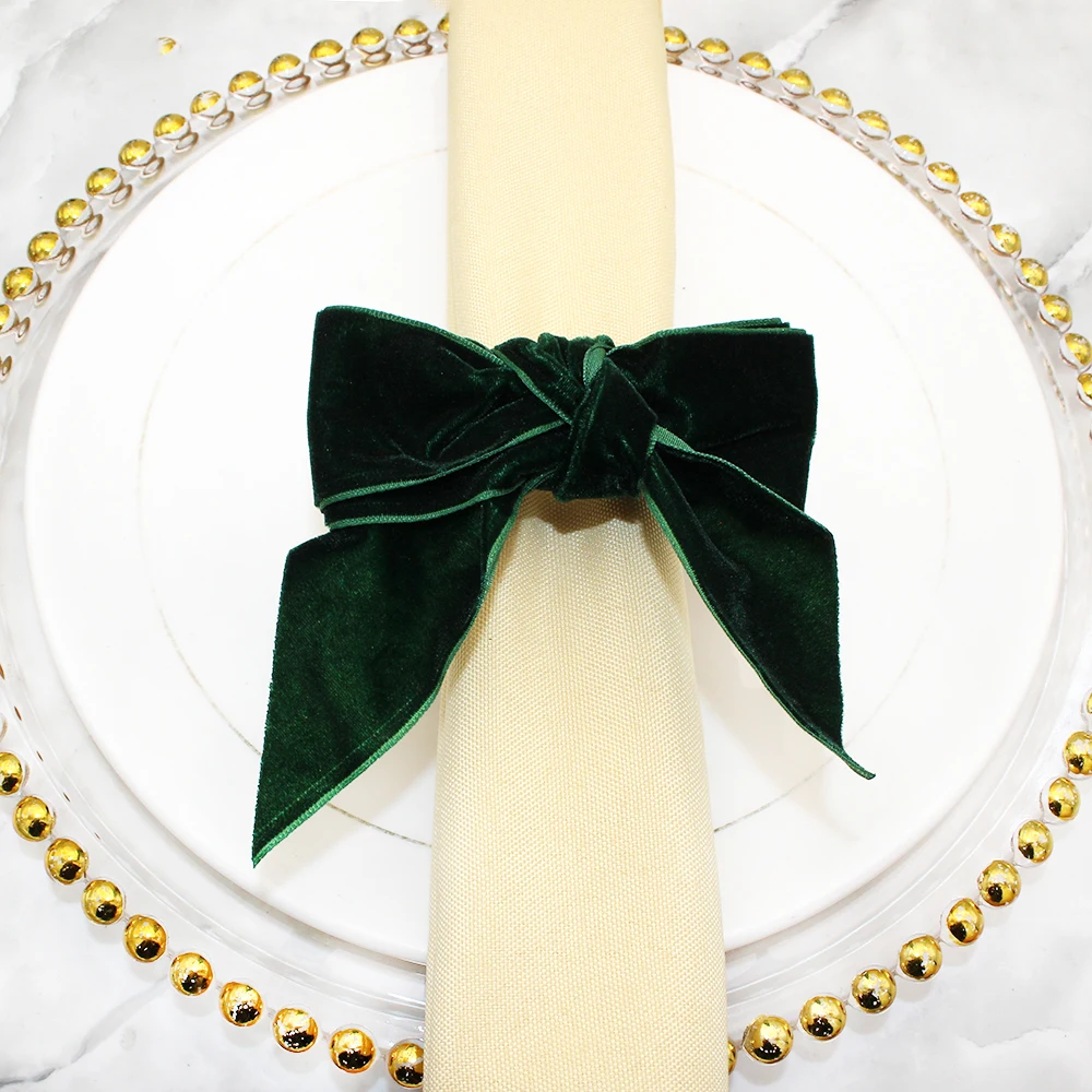 12Pcs Green Velvet Bowknot Napkin Rings Christmas Bows Napkin Holder for Christmas Wedding Thanksgiving Dinner Table Decor