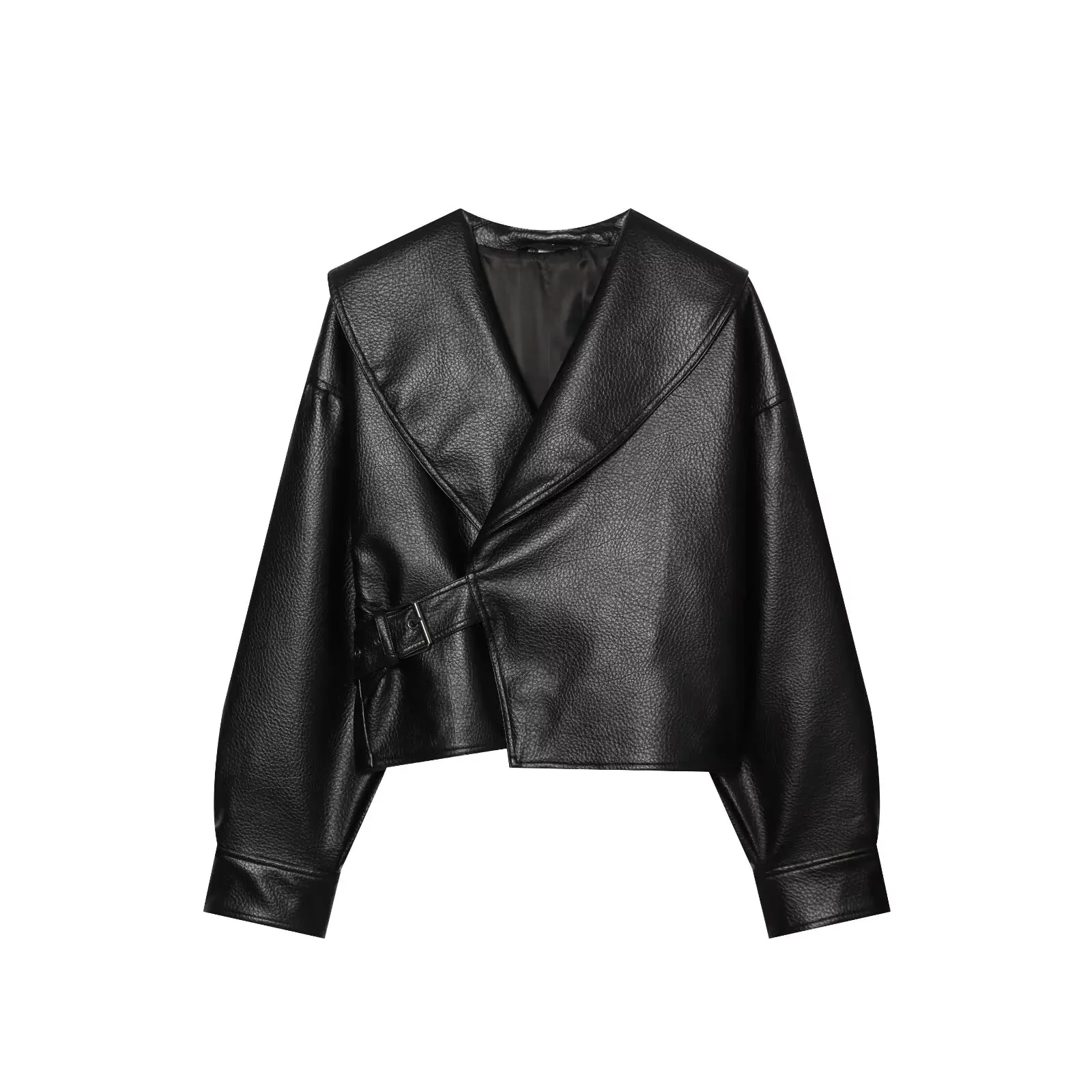 Women's Faux Leather Jacket 2026 Autumn New Fashion Lapel Long Sleeve Asymmetric Buckle Party Coat