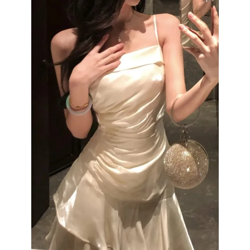 Francês elegante plissado borda camisola vestido de sereia feminino vestido de dança em camadas 2025 verão moda novo colete