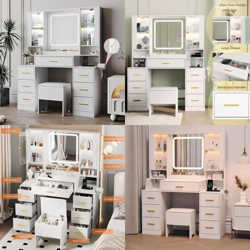 Meja rias bercahaya dengan cermin LED, penyimpanan 7 laci, dan kabinet RGB