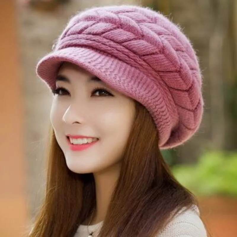 Newsboy Hat Braided Textured Knitted Cap Soft Warm Brimmed Winter Hat Elastic Beret Style Headwear for Ladies Cold‑proof Wear