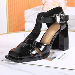 Vintage Closed Toe Thick Sole Sandals Women Breathable Summer Cut-out Shoes Female New Fashion Woman Gladiator High heels