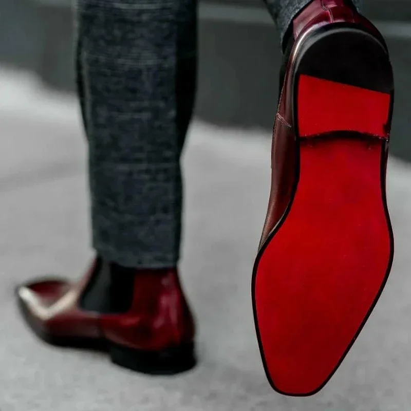 Novo vermelho masculino chelsea botas sola vermelha dedo do pé quadrado deslizamento-on homens de negócios botas curtas bottes pour hommes botas de tornozelo