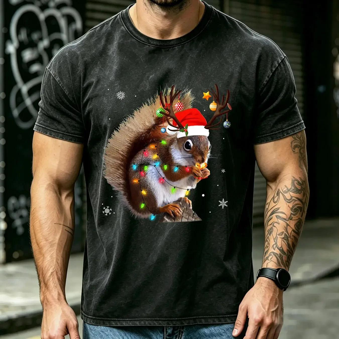 washed T Shirt Funny Squirrel Christmas Reindeer Lights Pajama vintage Washed designer clothes Comfortable Soft