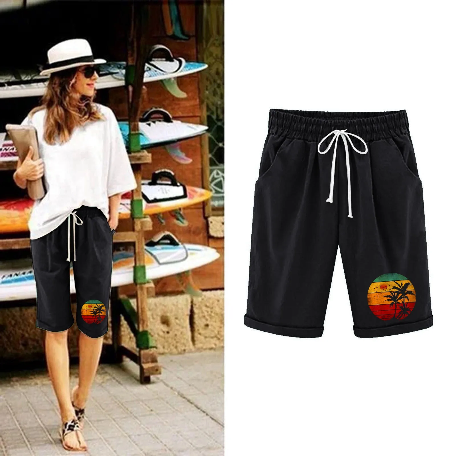 

Shorts For Women Floral Print Trendy 2024 New Hot Sale Beach Drawstring Knee Length Shorts Loose Fit Resort Wear Fashion Clothes