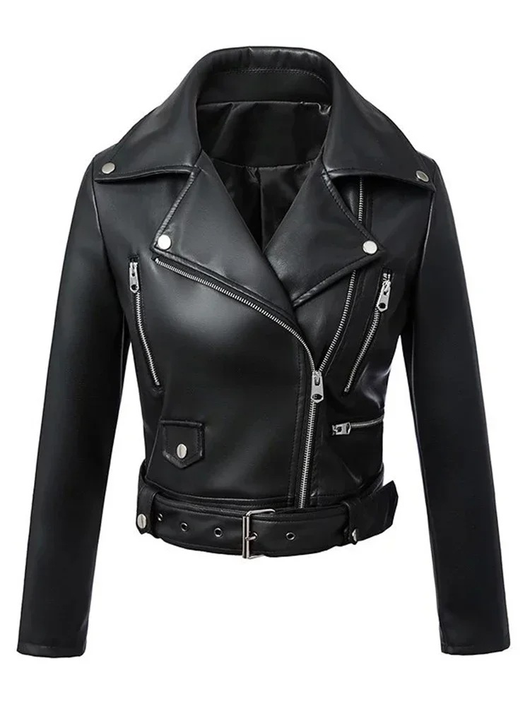 Spring Autumn Women Moto Biker Black Pu Fuax Leather Jacket Streetwear Female Belt Zipper Slim Fit Short Coat Outwear 2025