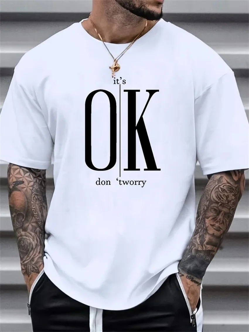 

2025 Summer Casual T-shirt 100% cotton OK English Print Men's creative top Street short-sleeved T-shirt