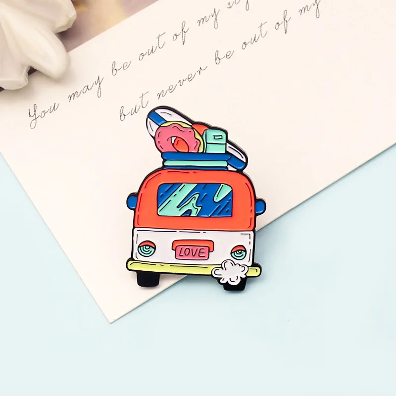 Cartoon Cute Vehicle Car Enamel Pins Travel Bus Holiday Landscape Love Gift Car Alloy Brooch Badge Sweet Woman Jewelry Gift