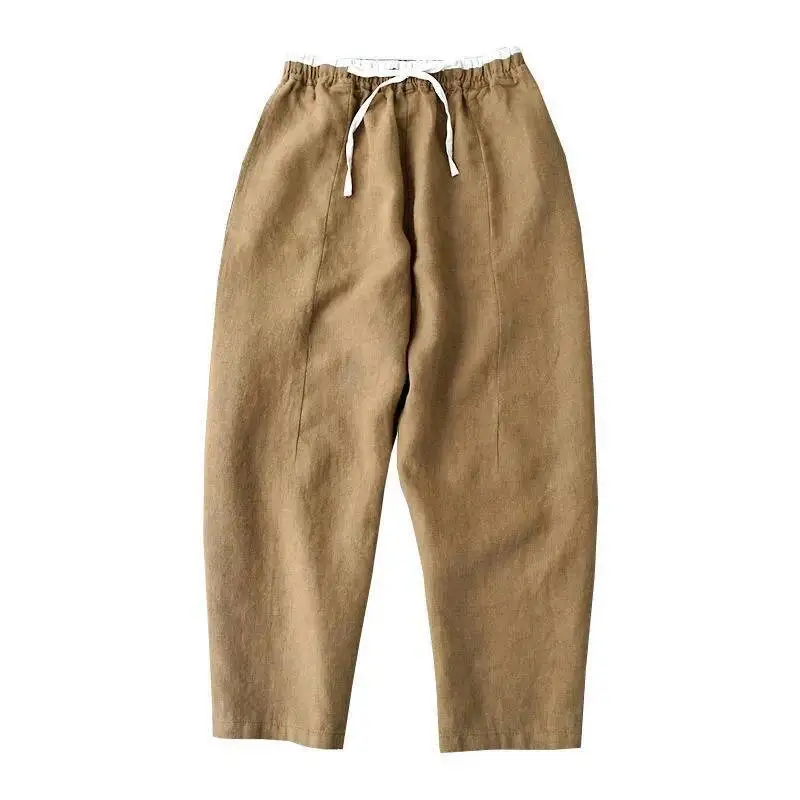 2025 Summer Women Cotton Linen Pants Vintage Elastic Waist Solid Pants All-matched Casual Loose Harem Trousers Pantalon