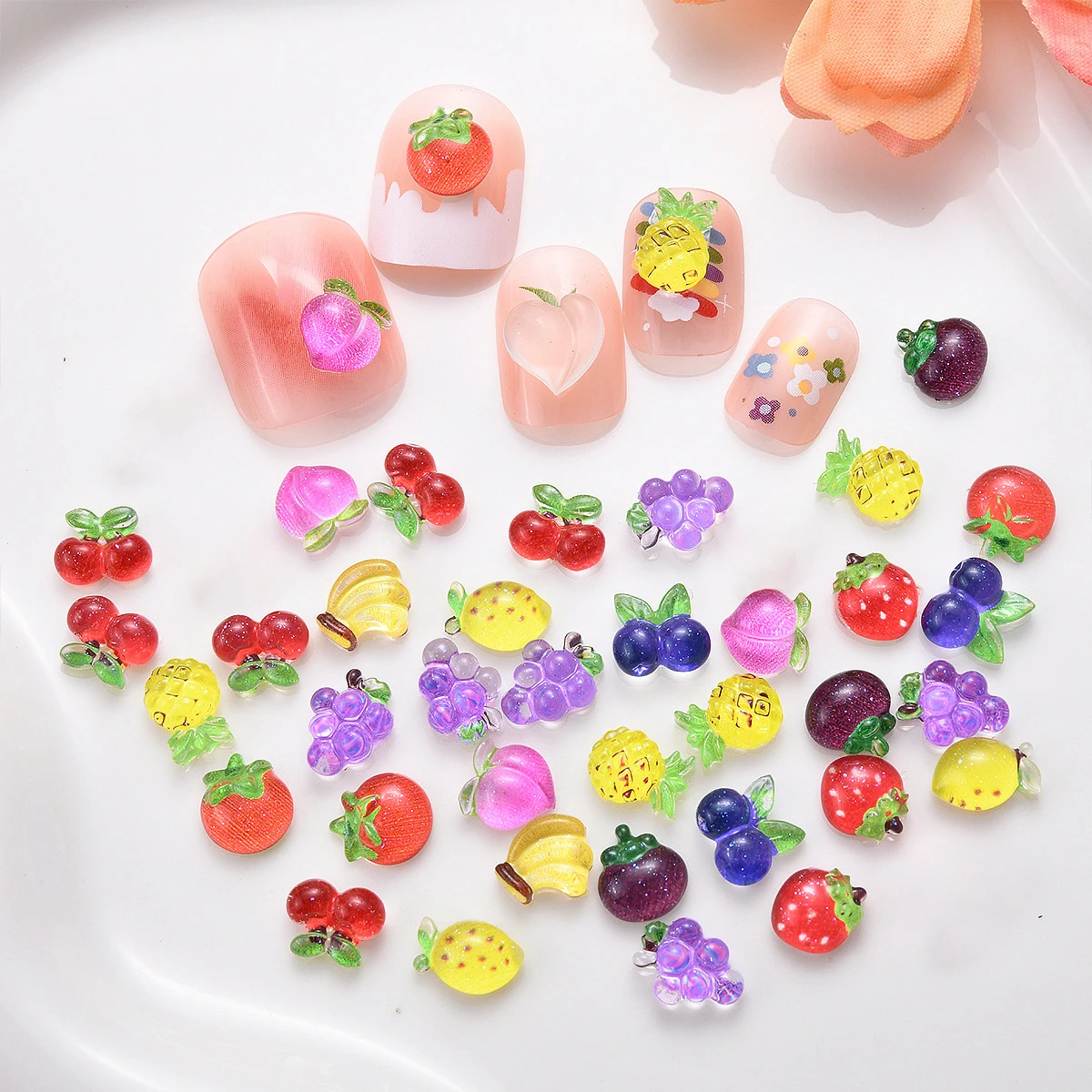 20 Pcs Mini New Fruit Nail Art Charms 3D Strawberry Cherry Pineapple Decals Resin Stones Cute Summer Gems Accessories Nail Decor