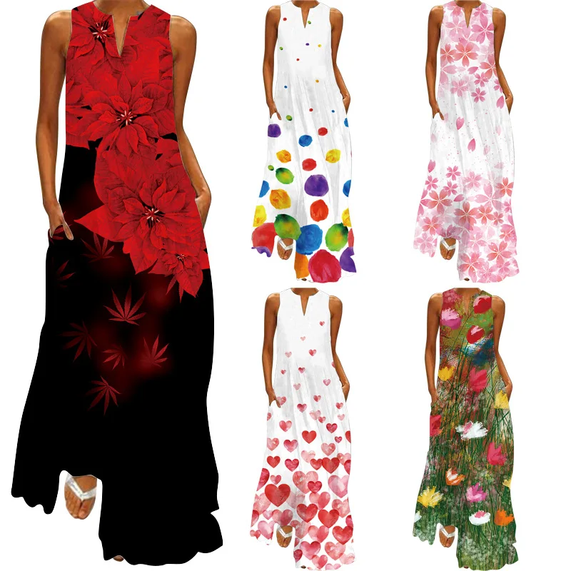 

2025Popular Summer Best-Selling New Type European and American Retro Printed Dress VCollar Multicolor Long Sleeveless Dress