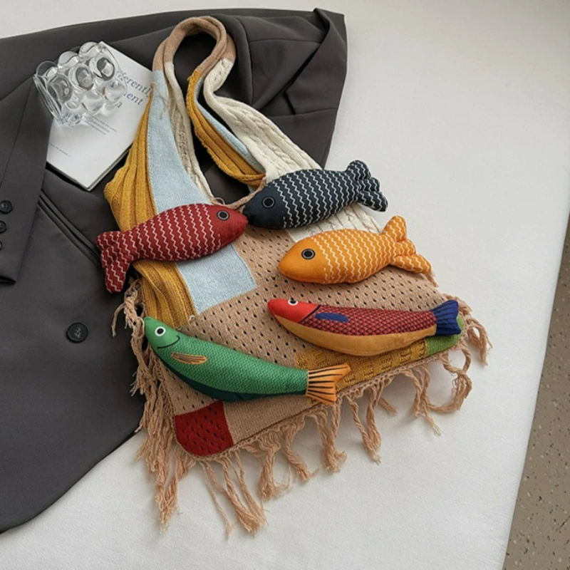 

Summer Bohemian Fringe Knitted Shoulder Bag Women Casual Beach Tote Storage Bags Comfortable and Versatile Texture Commuting Bag