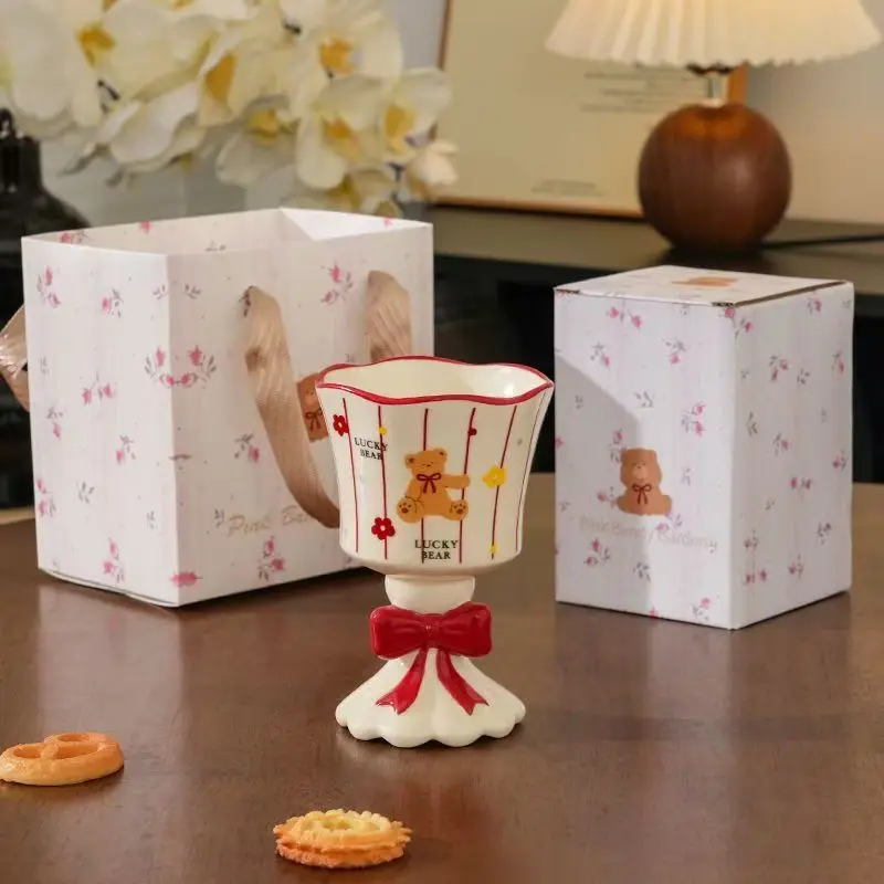 Retro Cute Ceramic Goblet Cup Emboss Bow Handle Dessert Juice Mug Bear Pattern Household Cup