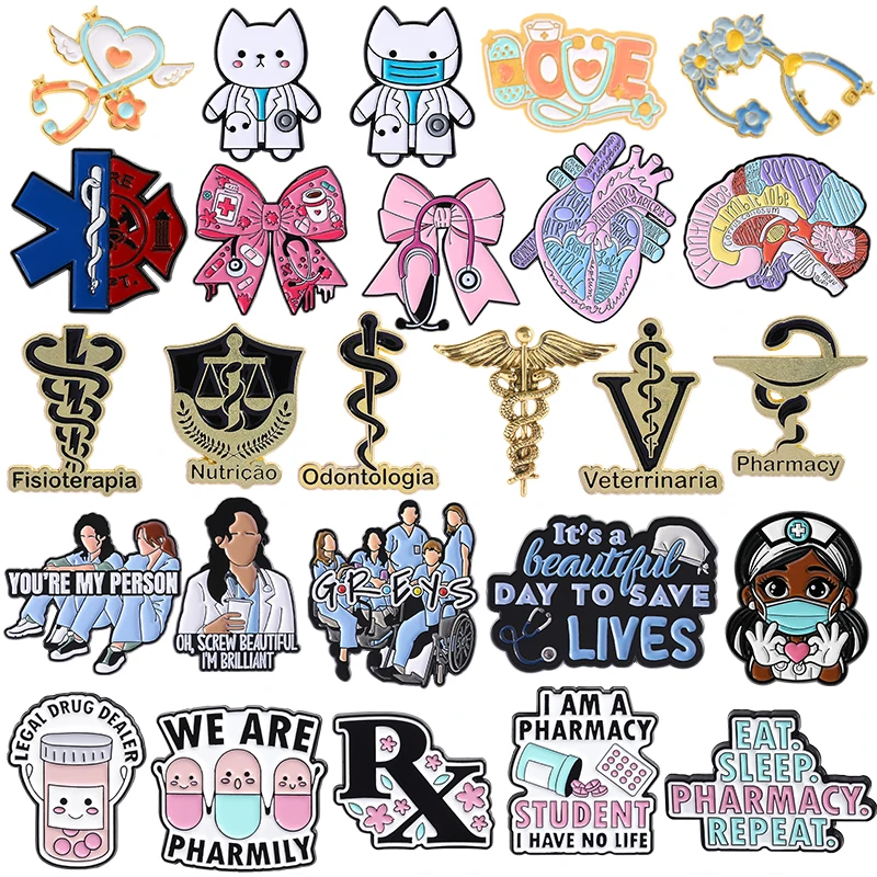 

Retro Medical Caduceus Enamel Pins Bowknot Stethoscope Pill Capsules Cat Doctor Nurse Brooch Lapel Badge Jewelry Gift for Friend