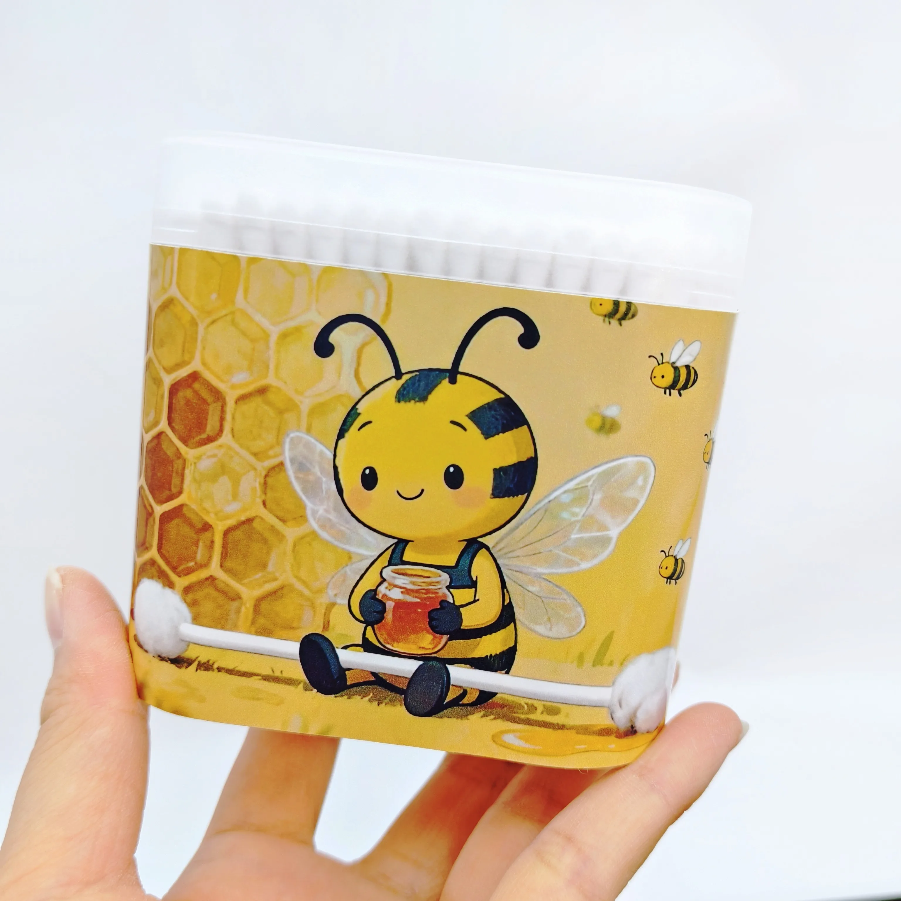 400PCS 귀여운 꿀벌 패턴 더블 헤드 면봉 스틱, 흰색 면봉, 성인용 면봉