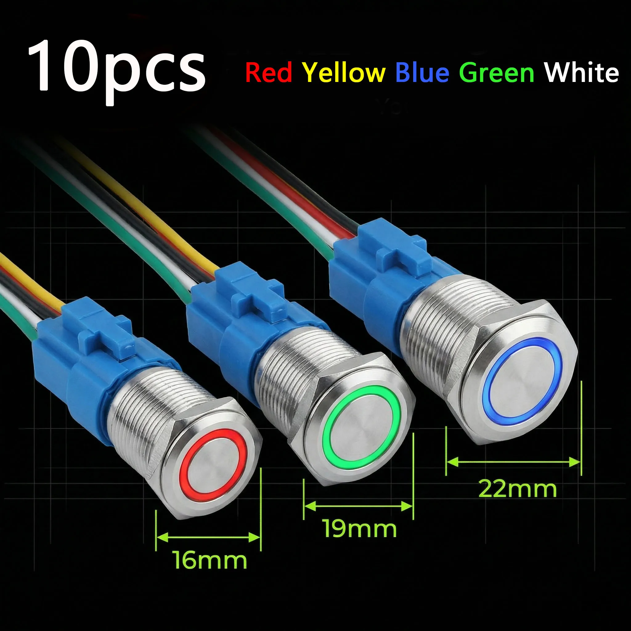 

10pcs 12v Latching Metal Illuminated Push Button Switch 16 19 22 mm LED Light Momentary with Connector Waterproof 5v 24v 220v