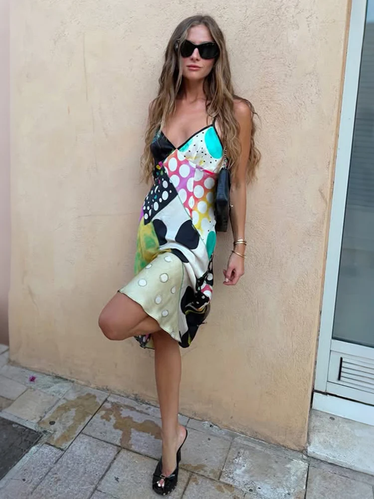 Kliou Colorful Patchwork Long Dress Woman Summer Trend Low-Neck Backless Sleeveless Hot Girls High Street Elegant Style Bodycon