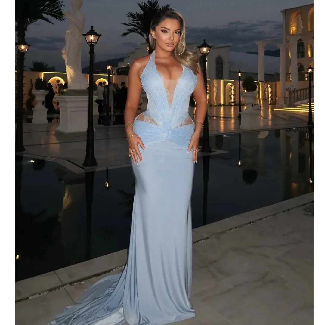 

Синие вечерние платья русалки с кружевным вырезом на шее, платья de noche, вырез, сексуальное платье для выпускного вечера, плиссированное свадебное платье по индивидуальному заказу