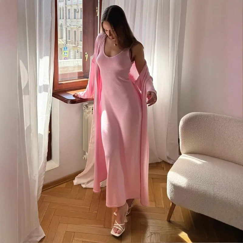 Solid Color Knit Two Piece Outfit V Neck Sleeveless Midi Dress Long Belted Cardigan Women Casual Set 260801