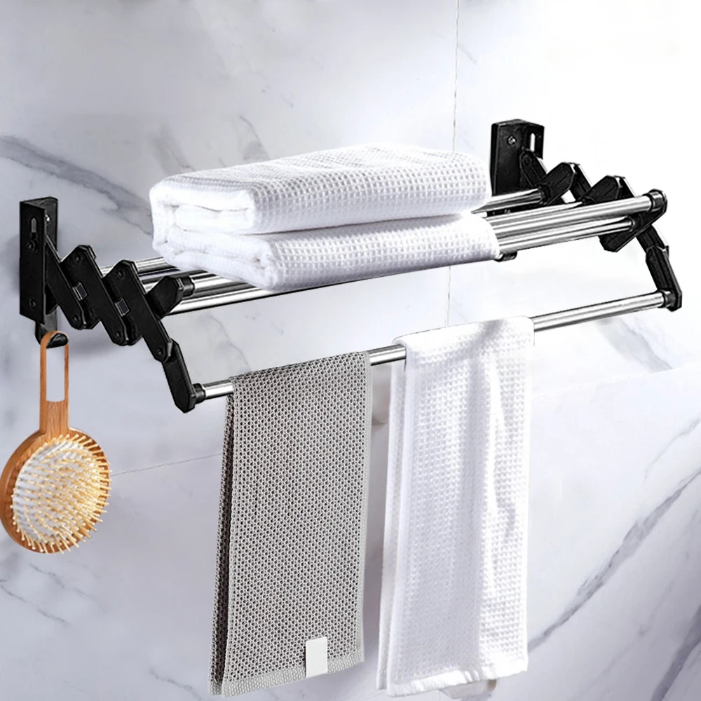 50cm Wall Mounted Folding Towel Rack Retractable Telescopic Accordion Clothes Bra Drying Shelf Storage Holder For Home Bathroom